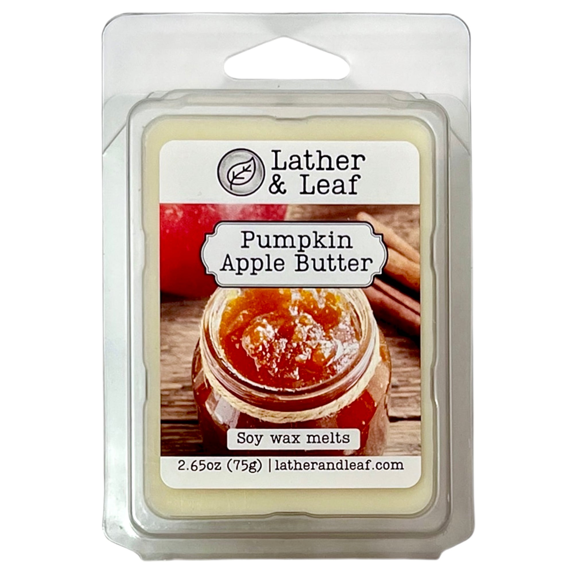 Soy wax melts packaging with 'Lather & Leaf' branding and pumpkin apple butter scent.