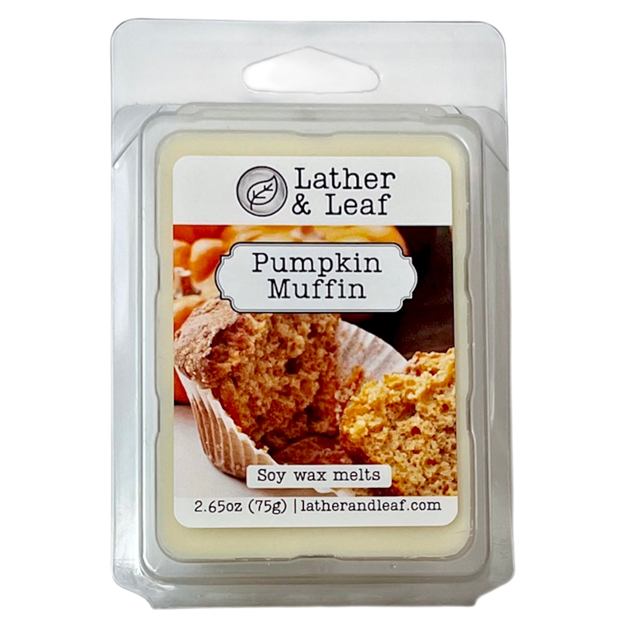 Soy wax melt package labeled 'Pumpkin Muffin' by Lather & Leaf on a white background