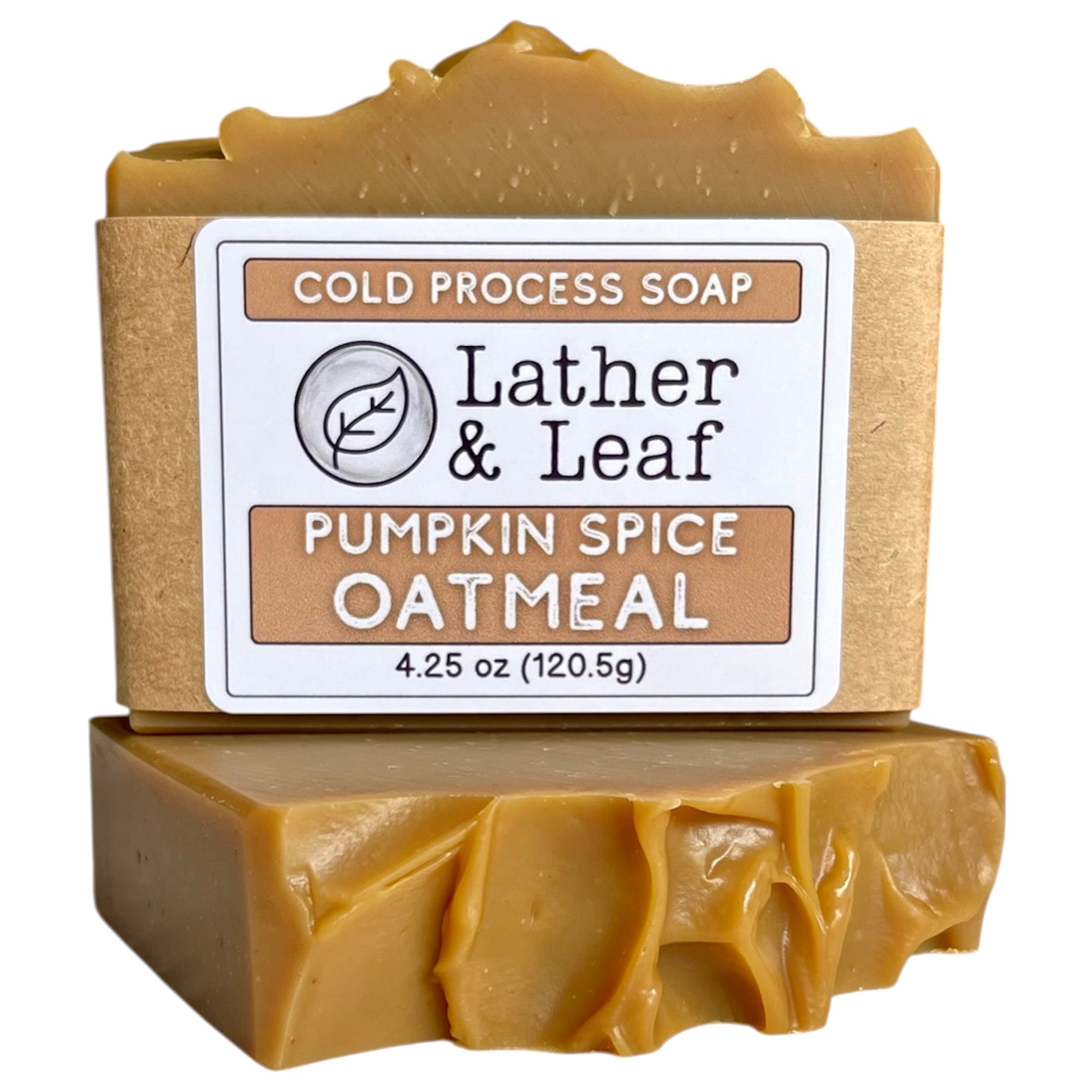 Bar of Pumpkin Spice Oatmeal soap with 'Lather & Leaf' label on a white background