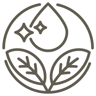 Circular icon with a water drop and leaves in the center on a white background