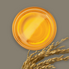 Glass container of yellow oil with a sprig of rice bran on a brown background