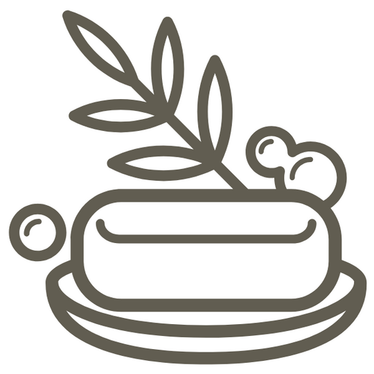Outline of a soap bar with a leaf and bubbles on top on a white background