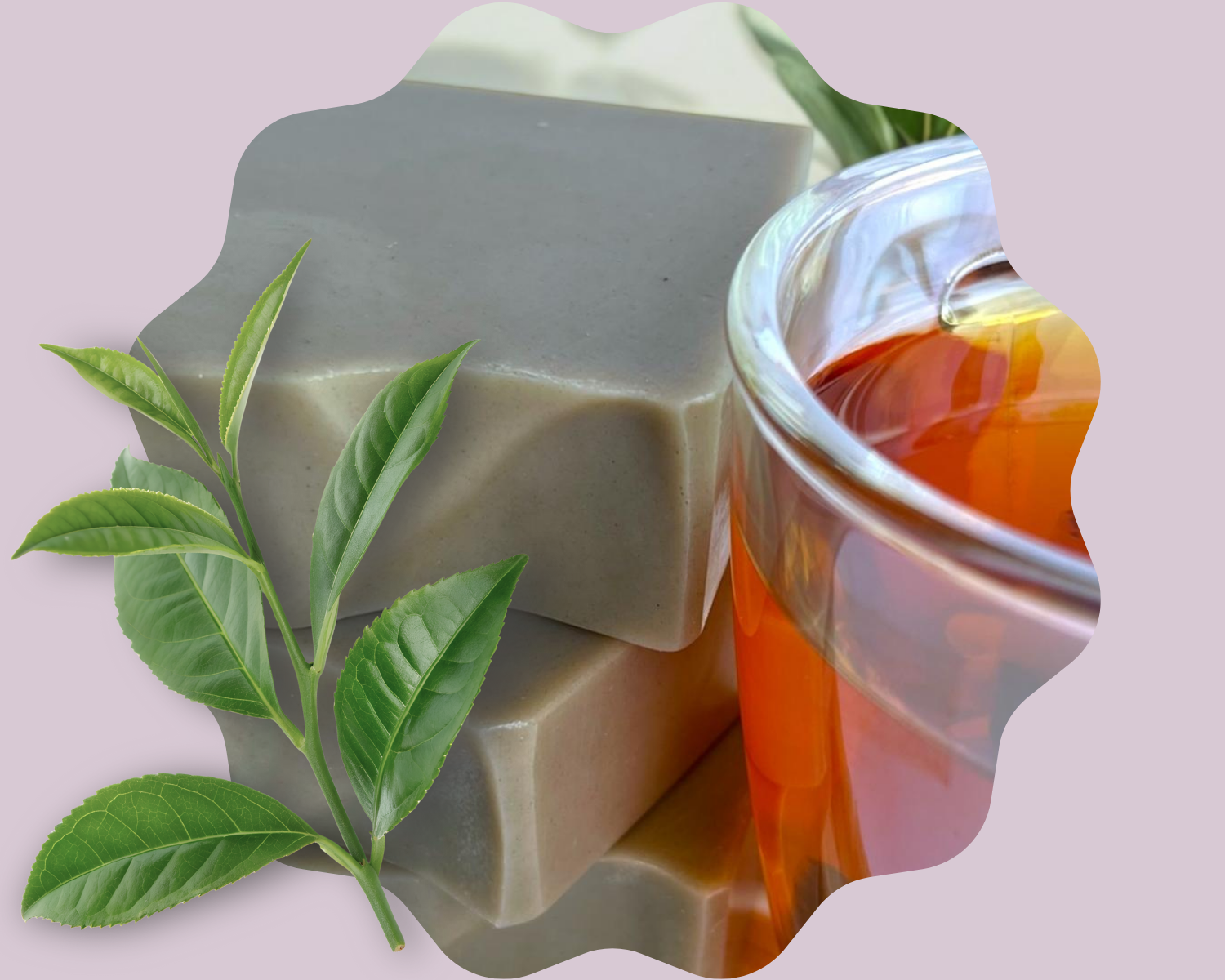 Three bars of soap with green tea leaves and a glass of tea on a pink background