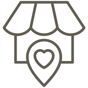 Icon of a heart symbol inside a location pin with an awning above on a white background