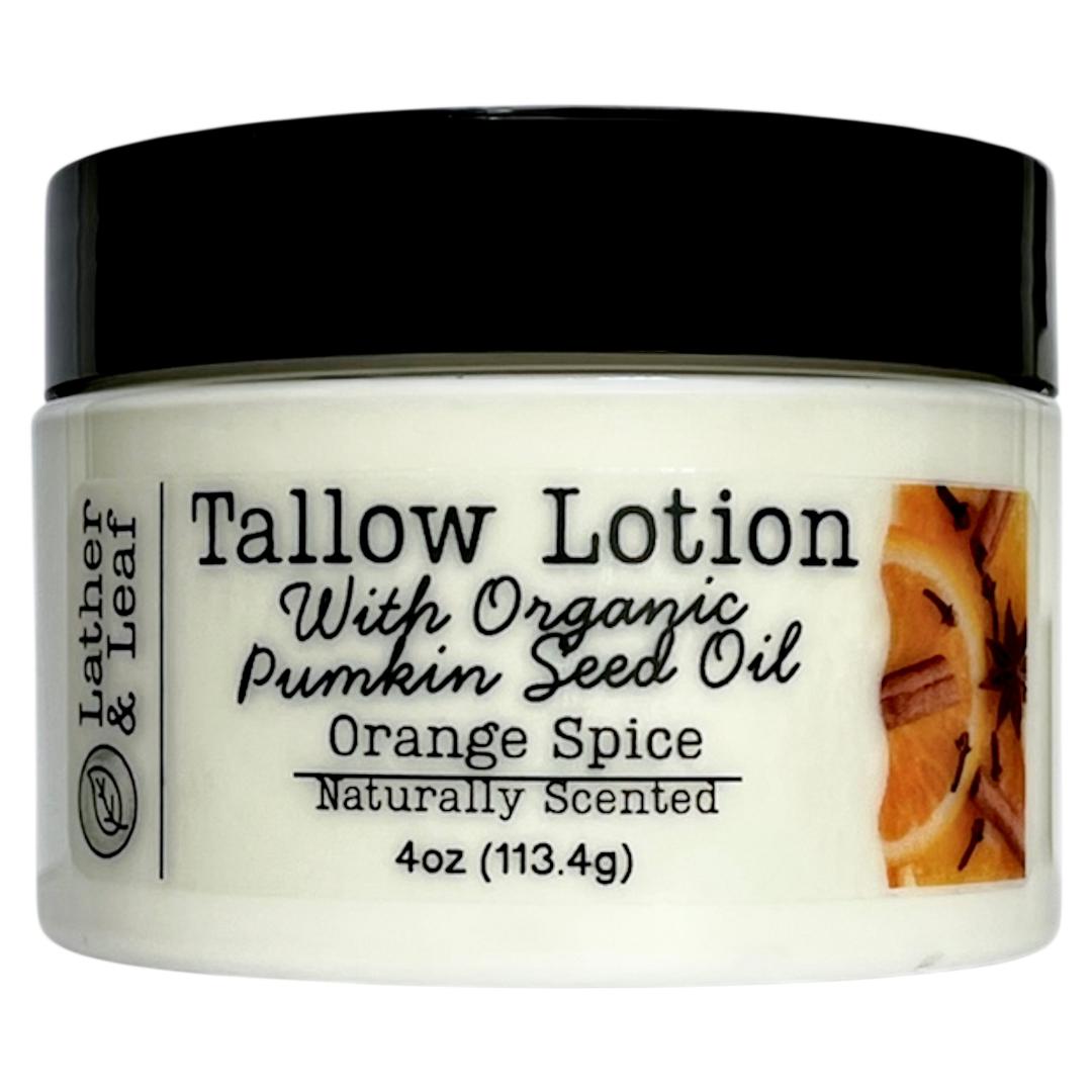 Tallow lotion jar with black lid and label on a white background
