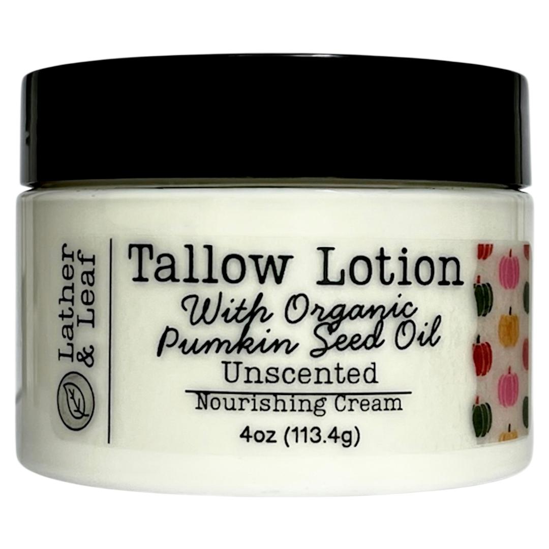 Tallow lotion jar with black lid and colorful label on a white background