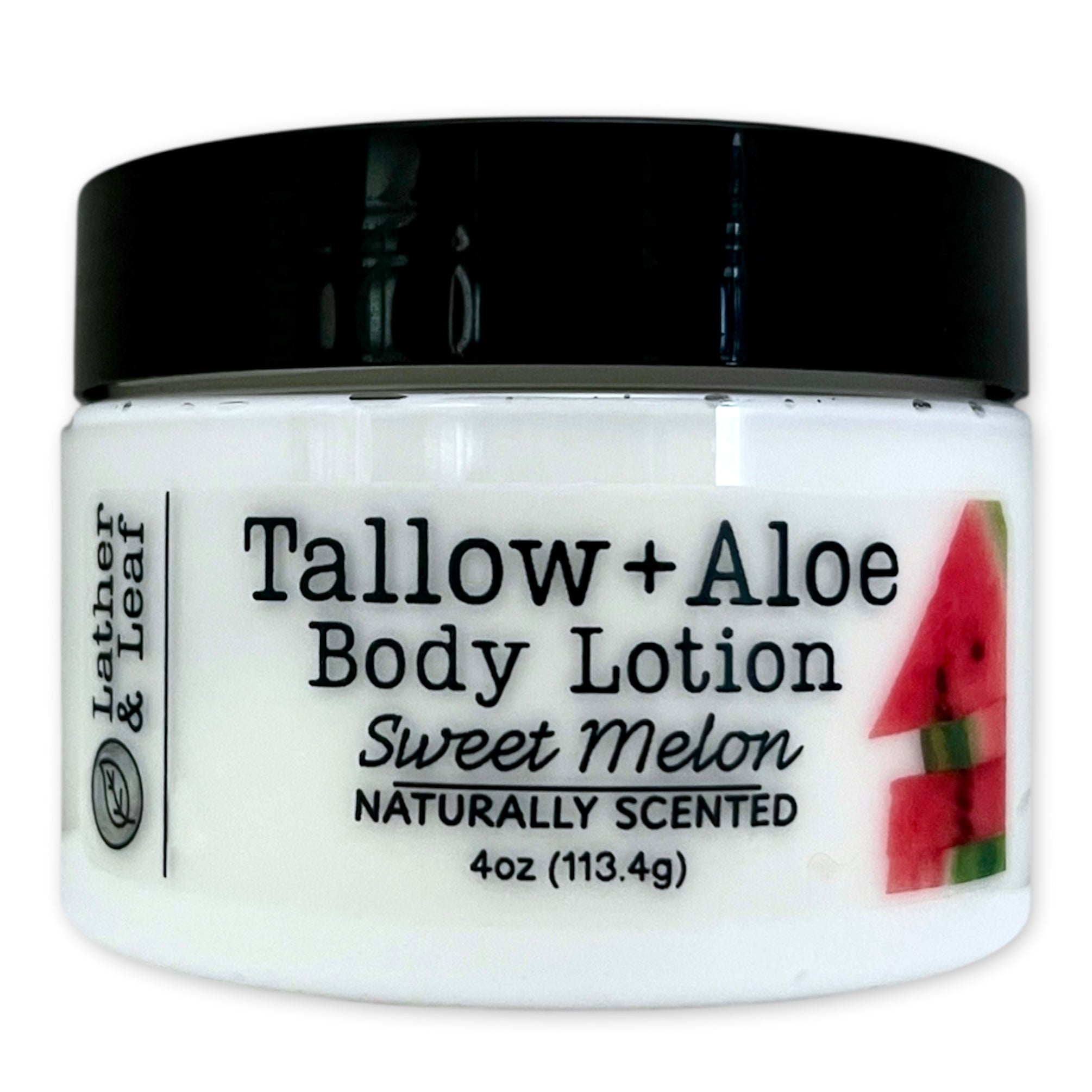Tallow + Aloe body lotion 4 ounce jar with black lid and watermelon illustration on a white background