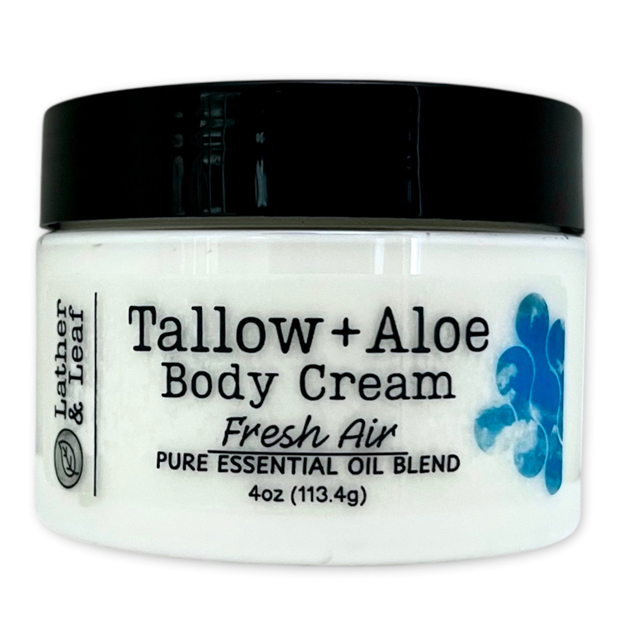 Tallow + Aloe Body Cream Fresh Air Essential Oil Blend 4 ounce jar with black lid on a white background