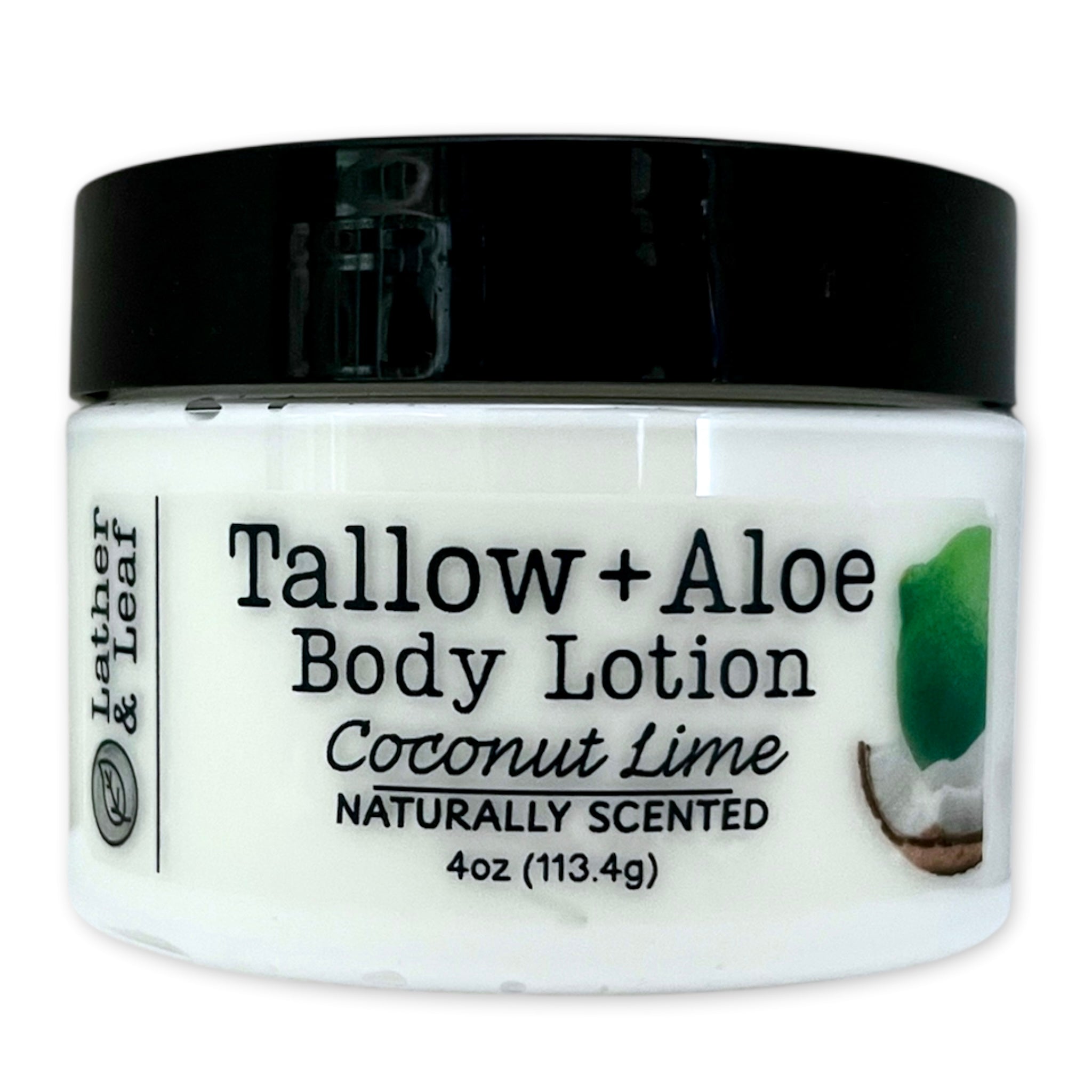Tallow + Aloe body lotion 4 ounce jar with coconut lime scent on a white background