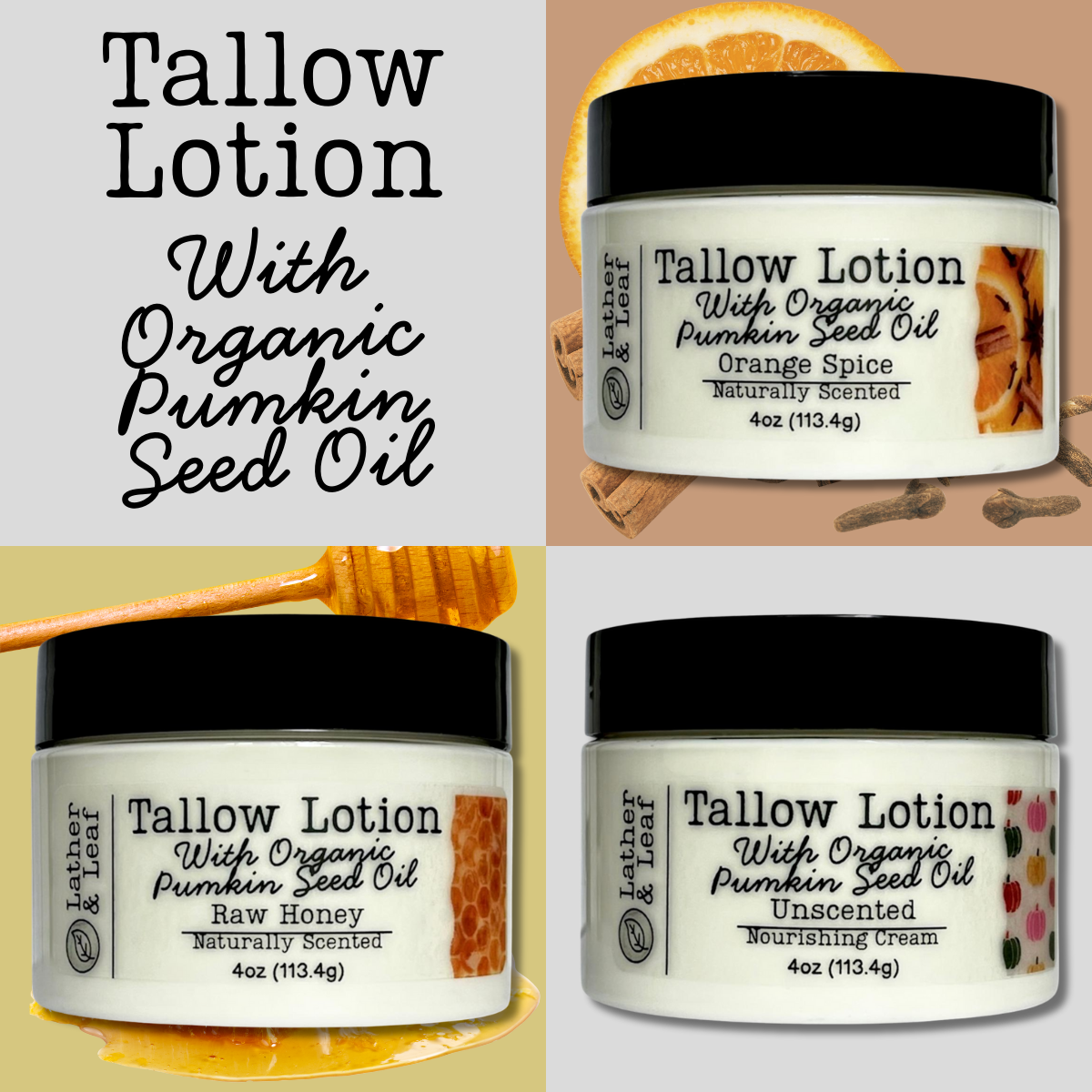 Collage of Lather & Leaf tallow lotion jars with different scents on a beige background.