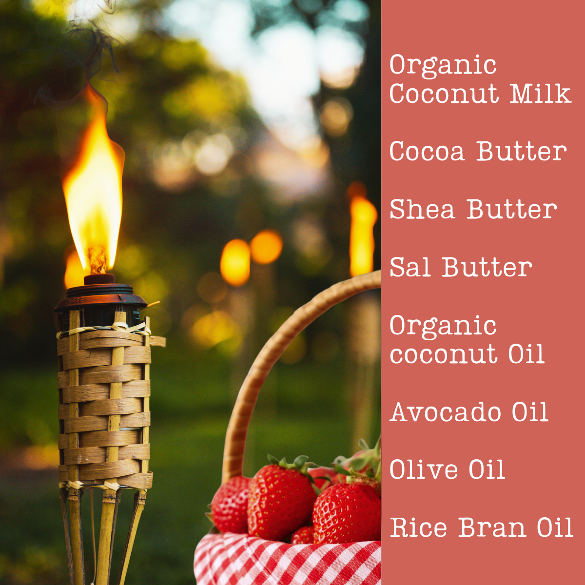 Tiki torch with strawberries and a list of soap ingredients on a red background