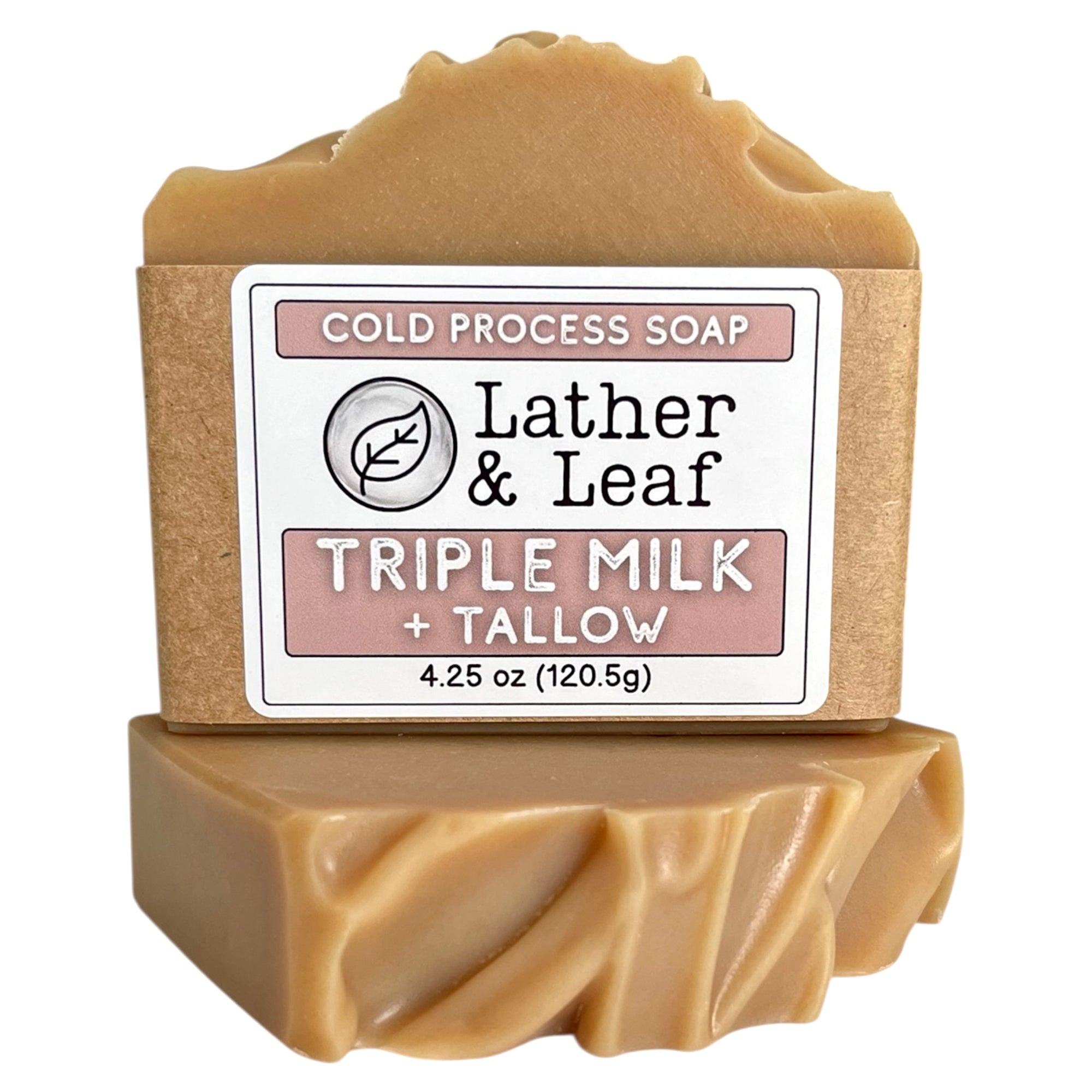 A bar of soap packaged with Lather and Leaf label