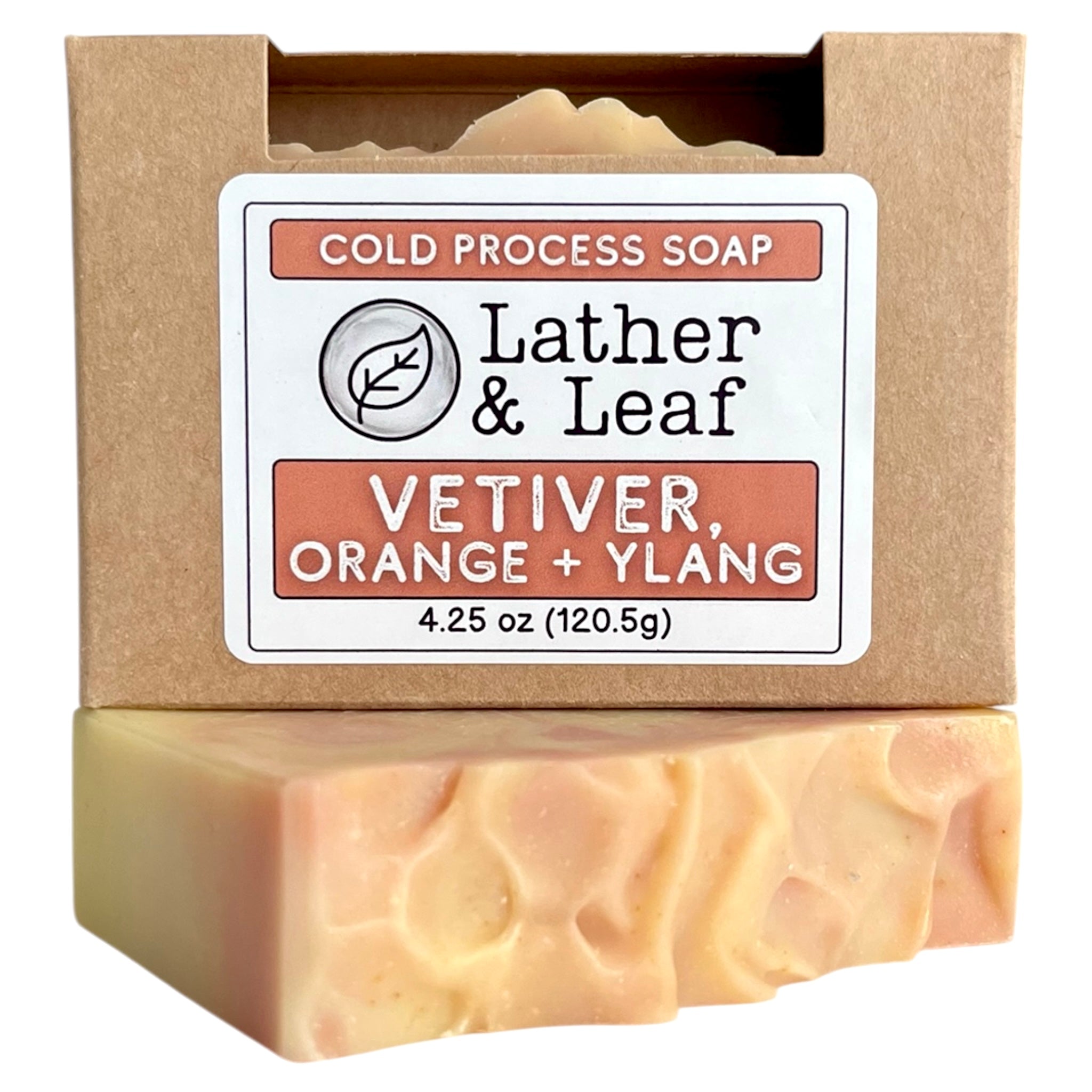Vetiver cold process soap bar in a box with 'Lather & Leaf' branding on a white background
