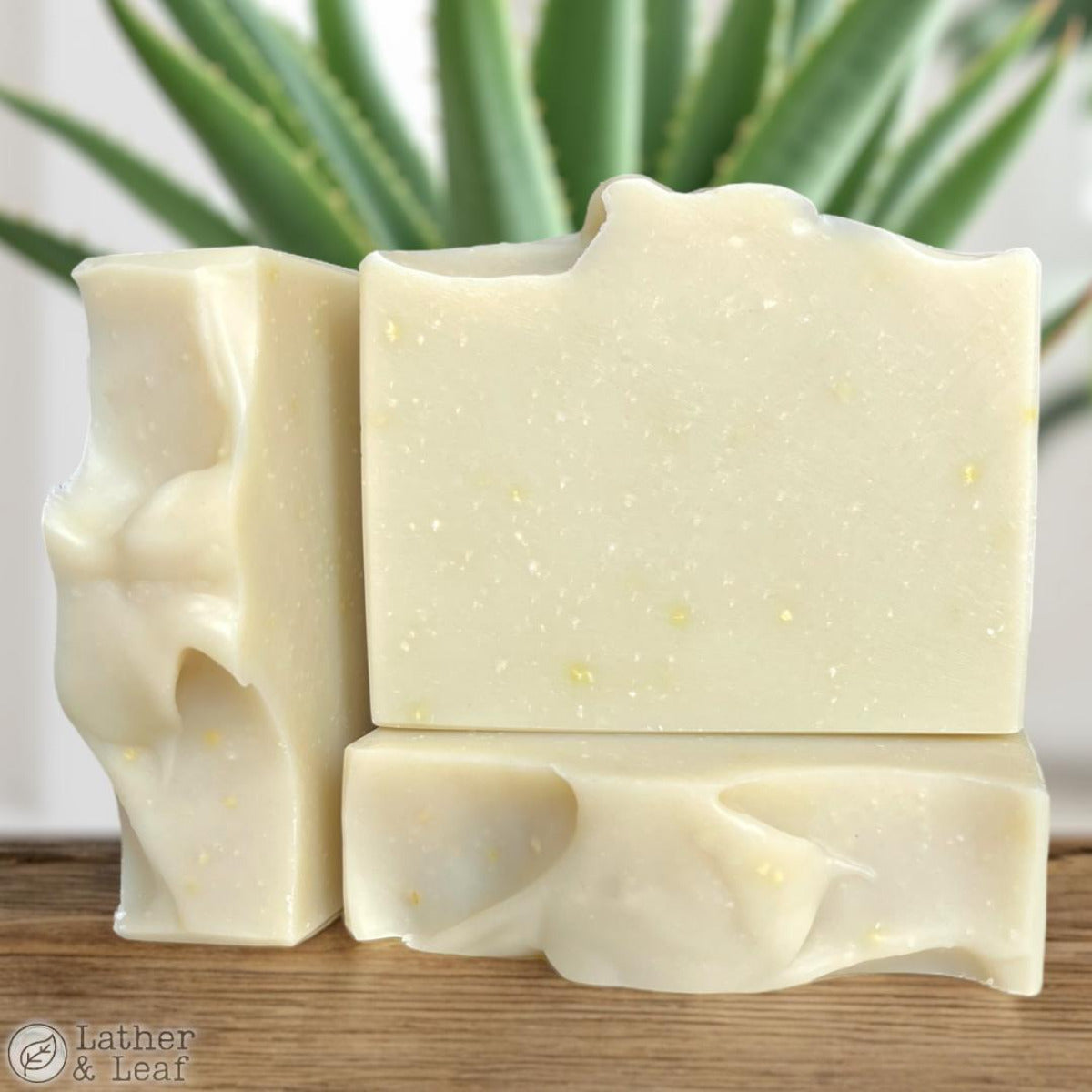 Three bars of handcrafted soap with a pale green color and speckles, placed on a wooden surface with an aloe plant in the background.