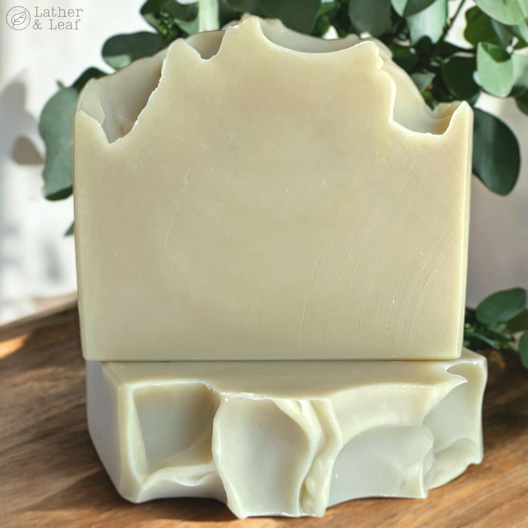 Bars of light green soap on a wooden surface with eucalyptus plant in the background